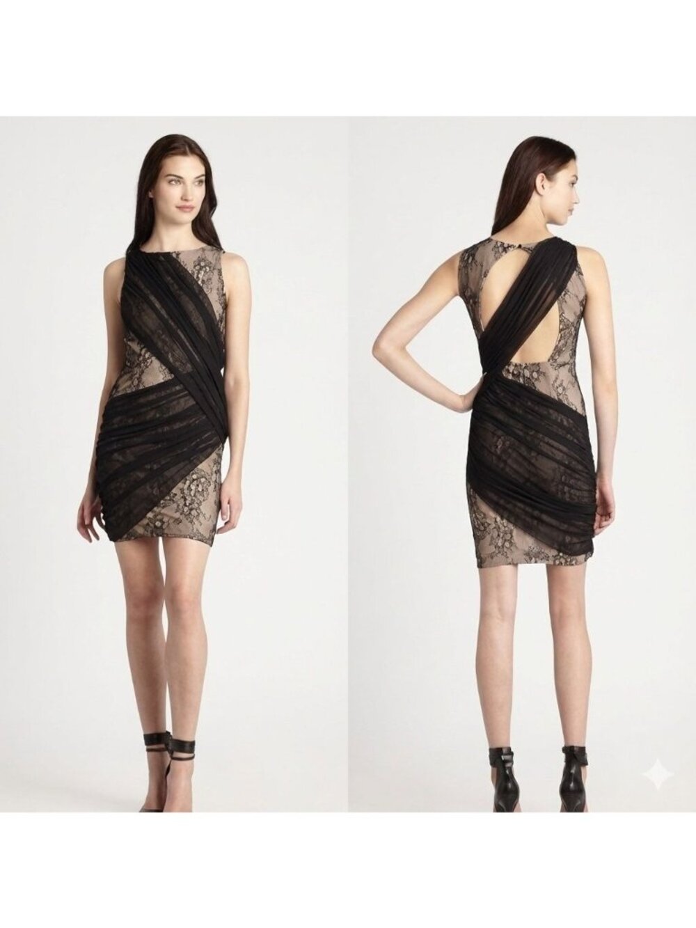 Alice + Olivia Black Nude Sheer Lace Draped Open Back Mini Dress 8 NWT Flaw